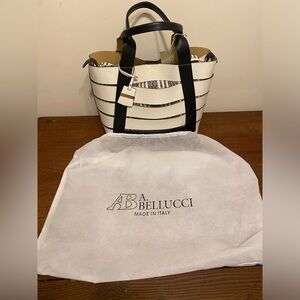 A. Alberto Bellucci White Black Italian Leather Strappy Handbag Tote Resort